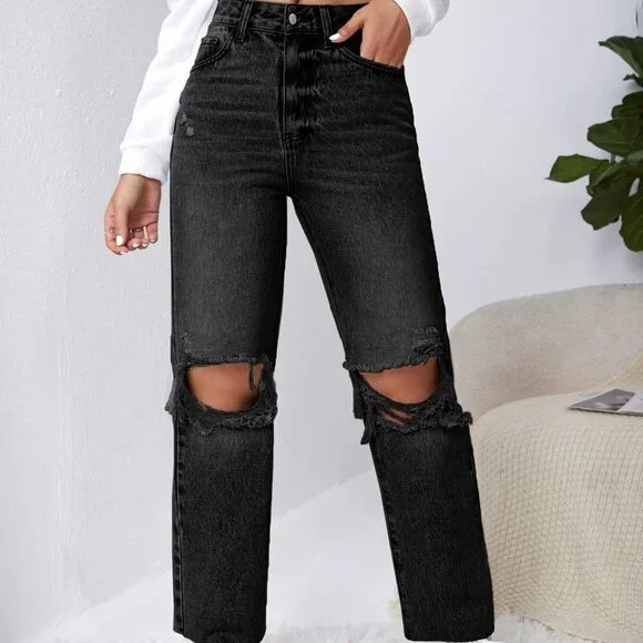 Black Casual Womens Ripped Raw Cut Straight Leg Jeans